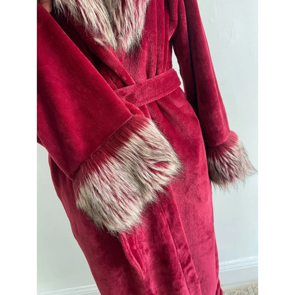 Adrienne Landau Womens Red Faux Fur Trim Plush Fleece‎ Long Robe M/L Loungewear